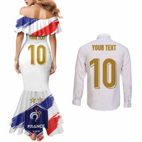 Custom France Foorball Couples Matching Mermaid Dress and Long Sleeve Button Shirt Les Bleus Tricolor Brush Style - Wonder Print Shop