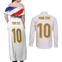 Custom France Foorball Couples Matching Off Shoulder Maxi Dress and Long Sleeve Button Shirt Les Bleus Tricolor Brush Style - Wonder Print Shop