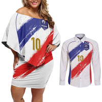 Custom France Foorball Couples Matching Off Shoulder Short Dress and Long Sleeve Button Shirt Les Bleus Tricolor Brush Style - Wonder Print Shop