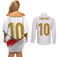 Custom France Foorball Couples Matching Off Shoulder Short Dress and Long Sleeve Button Shirt Les Bleus Tricolor Brush Style - Wonder Print Shop