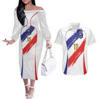 Custom France Foorball Couples Matching Off The Shoulder Long Sleeve Dress and Hawaiian Shirt Les Bleus Tricolor Brush Style - Wonder Print Shop