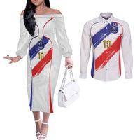 Custom France Foorball Couples Matching Off The Shoulder Long Sleeve Dress and Long Sleeve Button Shirt Les Bleus Tricolor Brush Style - Wonder Print Shop