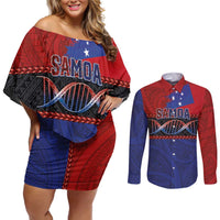 Personalised Samoan DNA-Proud of Samoa Couples Matching Off Shoulder Short Dress and Long Sleeve Button Shirt Polynesian Patterns - Wonder Print Shop