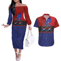 Personalised Samoan DNA-Proud of Samoa Couples Matching Off The Shoulder Long Sleeve Dress and Hawaiian Shirt Polynesian Patterns - Wonder Print Shop