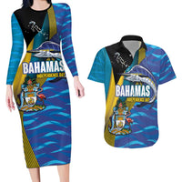Bahamas Independence Day Couples Matching Long Sleeve Bodycon Dress and Hawaiian Shirt National Flag Style with Blue Marlin and Emblem