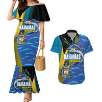 Bahamas Independence Day Couples Matching Mermaid Dress and Hawaiian Shirt National Flag Style with Blue Marlin and Emblem