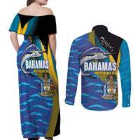 Bahamas Independence Day Couples Matching Off Shoulder Maxi Dress and Long Sleeve Button Shirt National Flag Style with Blue Marlin and Emblem