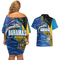 Bahamas Independence Day Couples Matching Off Shoulder Short Dress and Hawaiian Shirt National Flag Style with Blue Marlin and Emblem