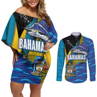 Bahamas Independence Day Couples Matching Off Shoulder Short Dress and Long Sleeve Button Shirt National Flag Style with Blue Marlin and Emblem