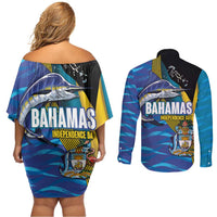 Bahamas Independence Day Couples Matching Off Shoulder Short Dress and Long Sleeve Button Shirt National Flag Style with Blue Marlin and Emblem