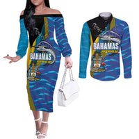 Bahamas Independence Day Couples Matching Off The Shoulder Long Sleeve Dress and Long Sleeve Button Shirt National Flag Style with Blue Marlin and Emblem