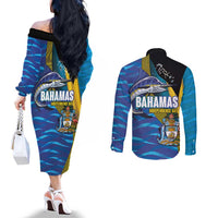 Bahamas Independence Day Couples Matching Off The Shoulder Long Sleeve Dress and Long Sleeve Button Shirt National Flag Style with Blue Marlin and Emblem