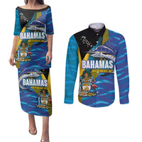 Bahamas Independence Day Couples Matching Puletasi and Long Sleeve Button Shirt National Flag Style with Blue Marlin and Emblem