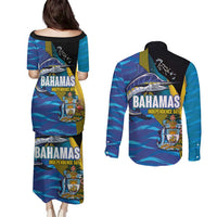 Bahamas Independence Day Couples Matching Puletasi and Long Sleeve Button Shirt National Flag Style with Blue Marlin and Emblem