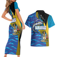 Bahamas Independence Day Couples Matching Short Sleeve Bodycon Dress and Hawaiian Shirt National Flag Style with Blue Marlin and Emblem