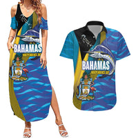 Bahamas Independence Day Couples Matching Summer Maxi Dress and Hawaiian Shirt National Flag Style with Blue Marlin and Emblem