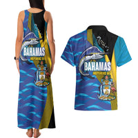 Bahamas Independence Day Couples Matching Tank Maxi Dress and Hawaiian Shirt National Flag Style with Blue Marlin and Emblem