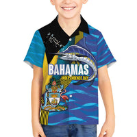 Bahamas Independence Day Family Matching Long Sleeve Bodycon Dress and Hawaiian Shirt National Flag Style with Blue Marlin and Emblem