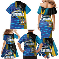 Bahamas Independence Day Family Matching Mermaid Dress and Hawaiian Shirt National Flag Style with Blue Marlin and Emblem