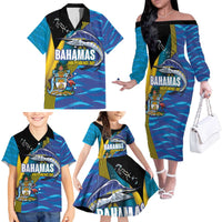 Bahamas Independence Day Family Matching Off The Shoulder Long Sleeve Dress and Hawaiian Shirt National Flag Style with Blue Marlin and Emblem