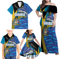 Bahamas Independence Day Family Matching Off Shoulder Maxi Dress and Hawaiian Shirt National Flag Style with Blue Marlin and Emblem