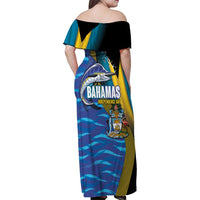 Bahamas Independence Day Family Matching Off Shoulder Maxi Dress and Hawaiian Shirt National Flag Style with Blue Marlin and Emblem