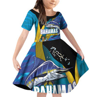 Bahamas Independence Day Family Matching Off Shoulder Short Dress and Hawaiian Shirt National Flag Style with Blue Marlin and Emblem