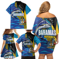 Bahamas Independence Day Family Matching Off Shoulder Short Dress and Hawaiian Shirt National Flag Style with Blue Marlin and Emblem