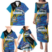 Bahamas Independence Day Family Matching Puletasi and Hawaiian Shirt National Flag Style with Blue Marlin and Emblem