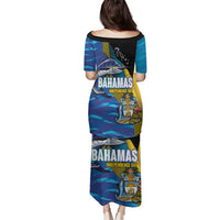 Bahamas Independence Day Family Matching Puletasi and Hawaiian Shirt National Flag Style with Blue Marlin and Emblem