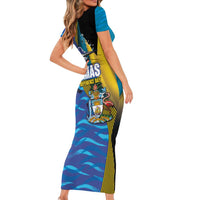Bahamas Independence Day Family Matching Short Sleeve Bodycon Dress and Hawaiian Shirt National Flag Style with Blue Marlin and Emblem