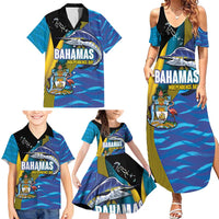 Bahamas Independence Day Family Matching Summer Maxi Dress and Hawaiian Shirt National Flag Style with Blue Marlin and Emblem
