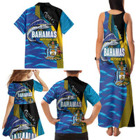Bahamas Independence Day Family Matching Tank Maxi Dress and Hawaiian Shirt National Flag Style with Blue Marlin and Emblem