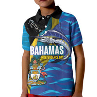 Bahamas Independence Day Kid Polo Shirt National Flag Style with Blue Marlin and Emblem