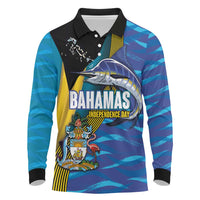Bahamas Independence Day Long Sleeve Polo Shirt National Flag Style with Blue Marlin and Emblem