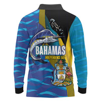 Bahamas Independence Day Long Sleeve Polo Shirt National Flag Style with Blue Marlin and Emblem