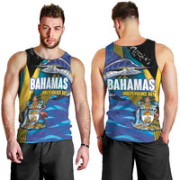 Bahamas Independence Day Men Tank Top National Flag Style with Blue Marlin and Emblem