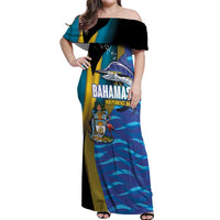 Bahamas Independence Day Off Shoulder Maxi Dress National Flag Style with Blue Marlin and Emblem