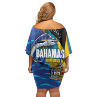 Bahamas Independence Day Off Shoulder Short Dress National Flag Style with Blue Marlin and Emblem