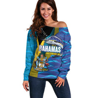 Bahamas Independence Day Off Shoulder Sweater National Flag Style with Blue Marlin and Emblem