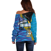 Bahamas Independence Day Off Shoulder Sweater National Flag Style with Blue Marlin and Emblem