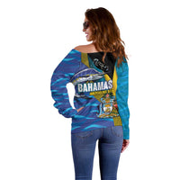 Bahamas Independence Day Off Shoulder Sweater National Flag Style with Blue Marlin and Emblem
