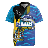 Bahamas Independence Day Rugby Jersey National Flag Style with Blue Marlin and Emblem