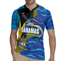 Bahamas Independence Day Rugby Jersey National Flag Style with Blue Marlin and Emblem