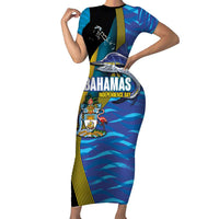 Bahamas Independence Day Short Sleeve Bodycon Dress National Flag Style with Blue Marlin and Emblem