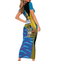 Bahamas Independence Day Short Sleeve Bodycon Dress National Flag Style with Blue Marlin and Emblem