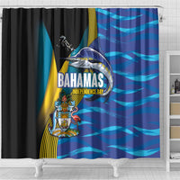 Bahamas Independence Day Shower Curtain National Flag Style with Blue Marlin and Emblem
