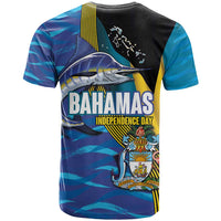 Bahamas Independence Day T Shirt National Flag Style with Blue Marlin and Emblem