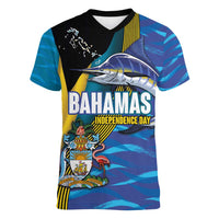 Bahamas Independence Day Women V-Neck T-Shirt National Flag Style with Blue Marlin and Emblem