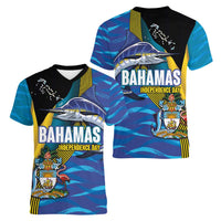 Bahamas Independence Day Women V-Neck T-Shirt National Flag Style with Blue Marlin and Emblem